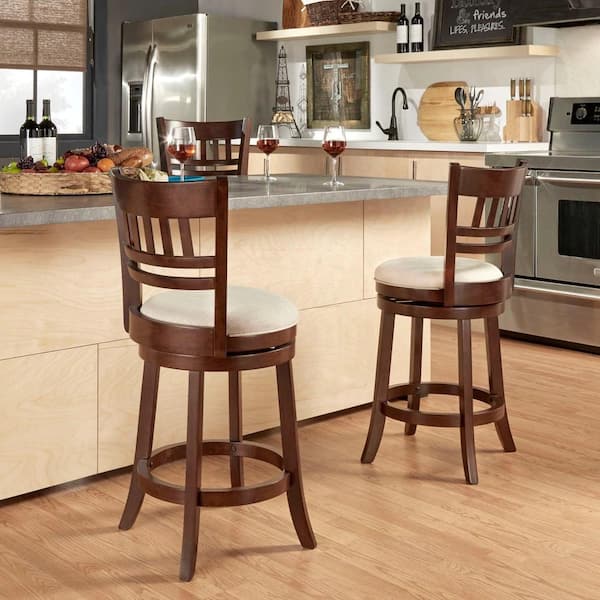 37.8 in. Beige Linen Lattice Back Swivel Counter Height Stool