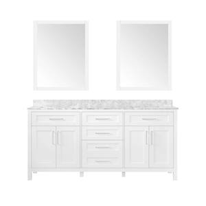 Tahoe 72 in. W Double Sink Vanity in White with Carrara Marble Vanity Top in White with White Basins and Mirrors