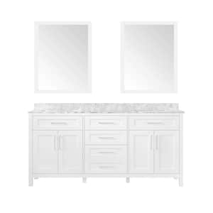Tahoe 72 in. W x 21 in. D x 34 in. H Double Sink Bath Vanity in White with Carrara Marble Top, Mirrors and Outlet