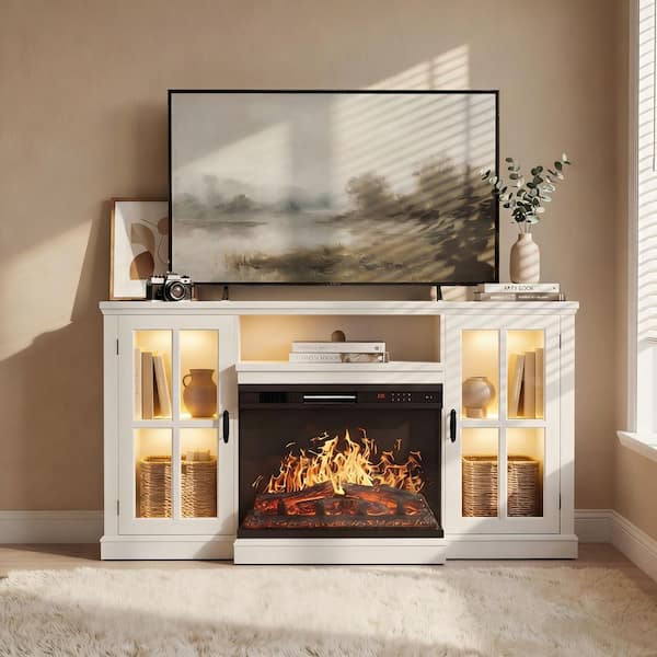 59 in. Deluxe White TV Stand with Electric Fireplace, Lights and Glass Cabinets, Room Center Fits TV's up to 65 in.