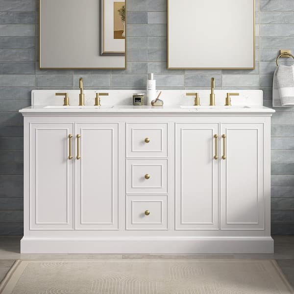 Ravenscroft 61 in. Double Sink White Swan Bath Vanity with Carrara White Engineered Stone Top (Assembled)
