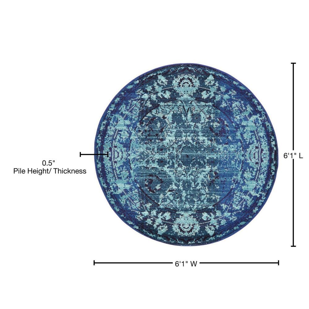 Fleur Intricate Pattern Navy to Light Blue Round Rug - 6'