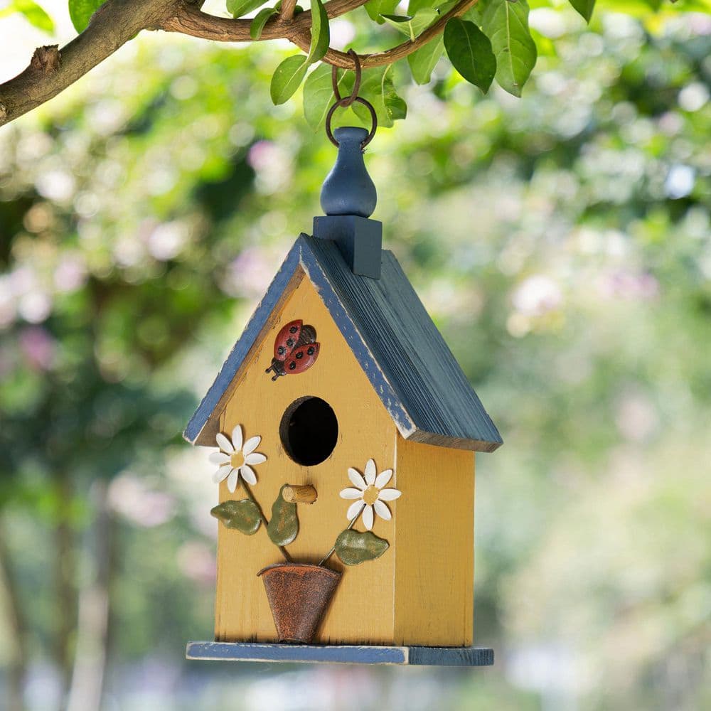 Glitzhome 12.25 in. H Washed Yellow Distressed Solid Wood Cottage