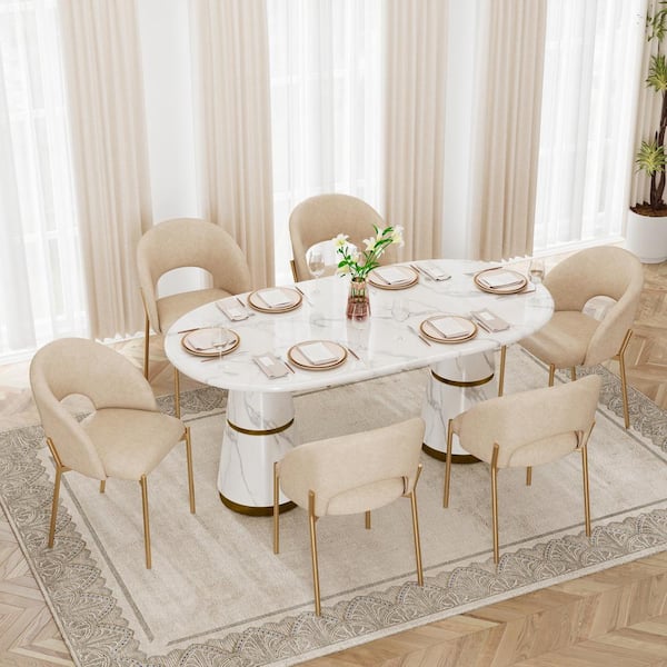 Boyel Living 7-Piece white Marble Counter Top Dining Table Set Seats 6 (1 Table & 6 PU Dining Side Chairs in Beige)
