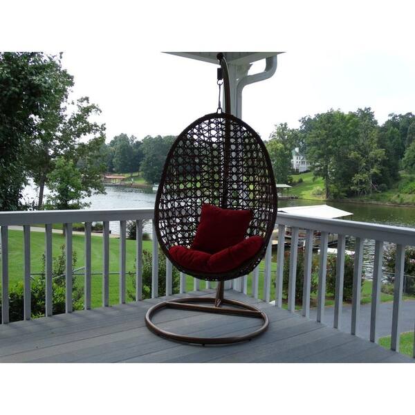 JLIP - Brown Rattan Patio Swing Chair with Stand and Red Cushions