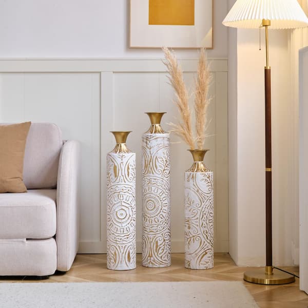 Seafuloy 24 in./29 in./33 in. White Metal Vase Trio Set, Glazed Cylinder Floor Vases Gold Floral Relief, Home Decor Centerpieces