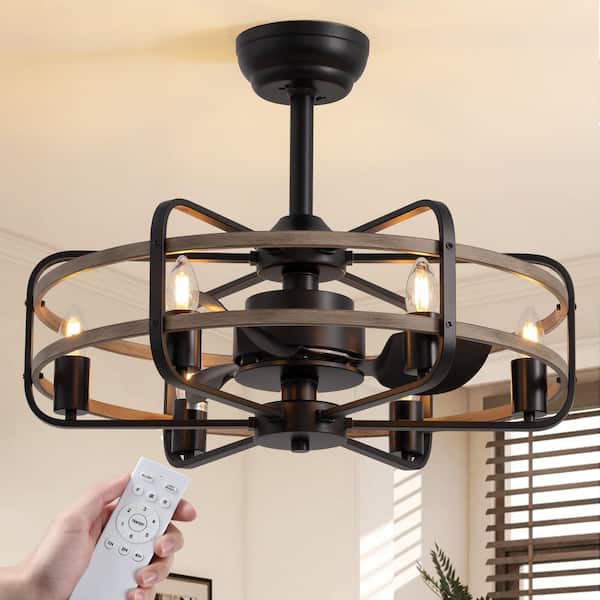 24.8 in. Black Farmhouse Caged Ceiling Fan with Lights and Remote Rustic Wood Grain Downrod Fan Fixture for Living Room