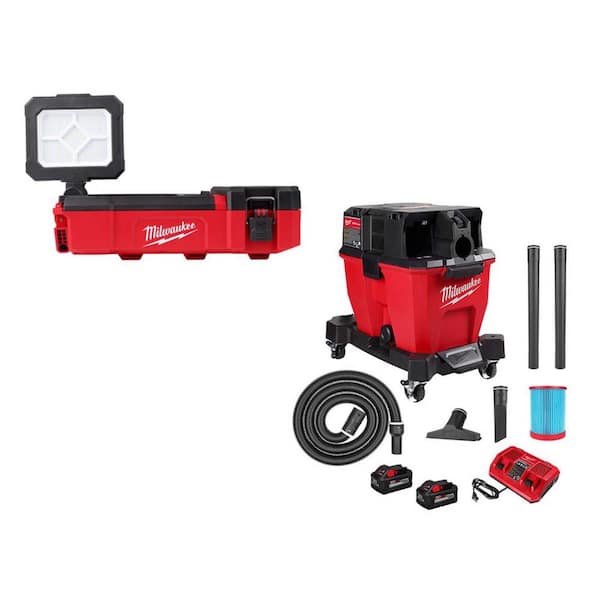 Milwaukee M12 12V Lithium-Ion Cordless PACKOUT Flood Light W/USB Charging with M18 FUEL 9 Gal. Cordless Wet/Dry Shop Vacuum Kit