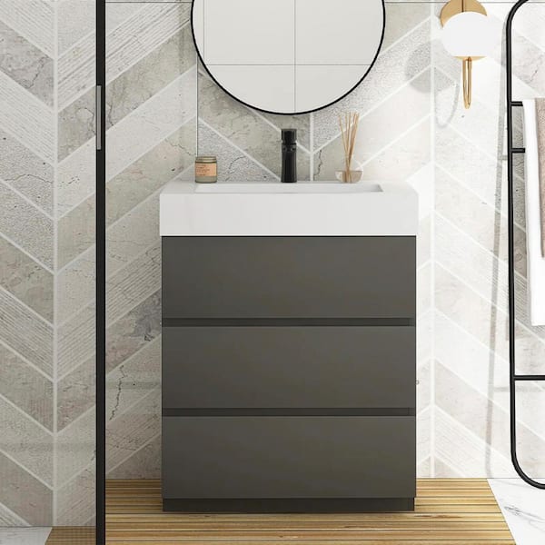 Boosicavelly 30 in. W x 18 in. D x 37 in. H Single Sink Freestanding Bath Vanity Set in Gray With White Resin Top
