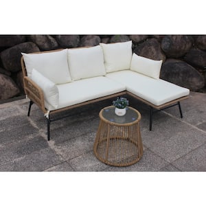3-Piece Outdoor Patio PE Wicker Sofa Set with Beige Cushion, Round Tempered Glass Table and Furniture Cover