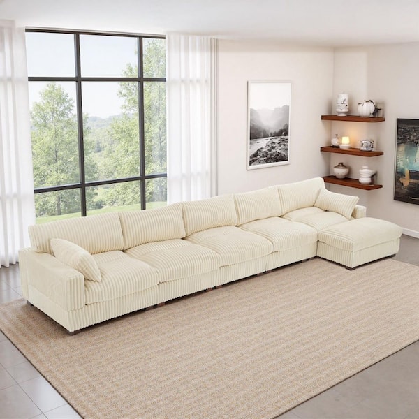181.88 in. W Modern Square Arm 6-Piece Faux Rabbit Fur Fabric L-Shaped Modular Sectional Sofa in White