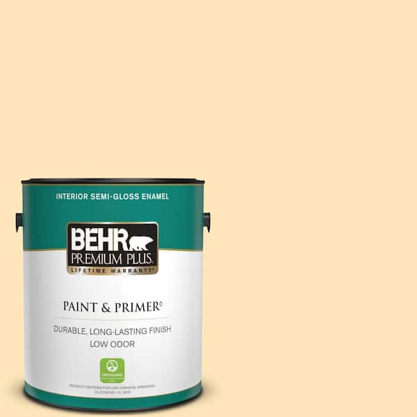 BEHR PREMIUM PLUS 1 gal. #BIC-28 Butter Creme Semi-Gloss Enamel Low Odor Interior Paint & Primer