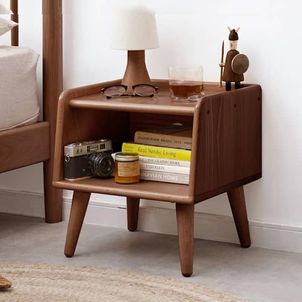 Harper & Bright Designs Walnut 100% Solid Wood 15.75 in. W Nightstand with Open Storage
