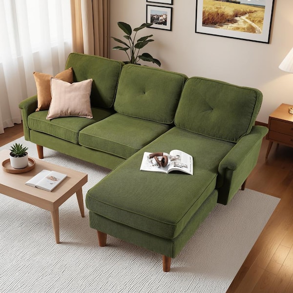 Allwex Zephyr 87 in. Straight Arm 2-Piece Corduroy Modern L-shape Modular Sectional Sofa in Green with Right Chaise