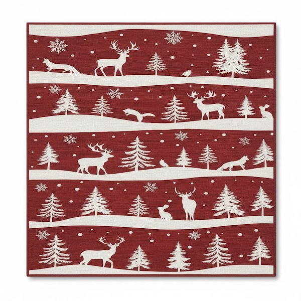 8 ft. x 10 ft. Red Christmas Washable, with Xmas Tree, Reindeer, Non-Slip Backing, Foldable, for Living Room Area Rug