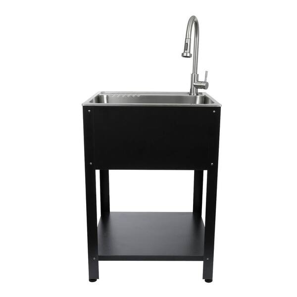 30 Inch Stainless Steel Double Sink With Cabinet & Spray Faucet - Black Utility Sink For Kitchen, Laundry, Or Shop