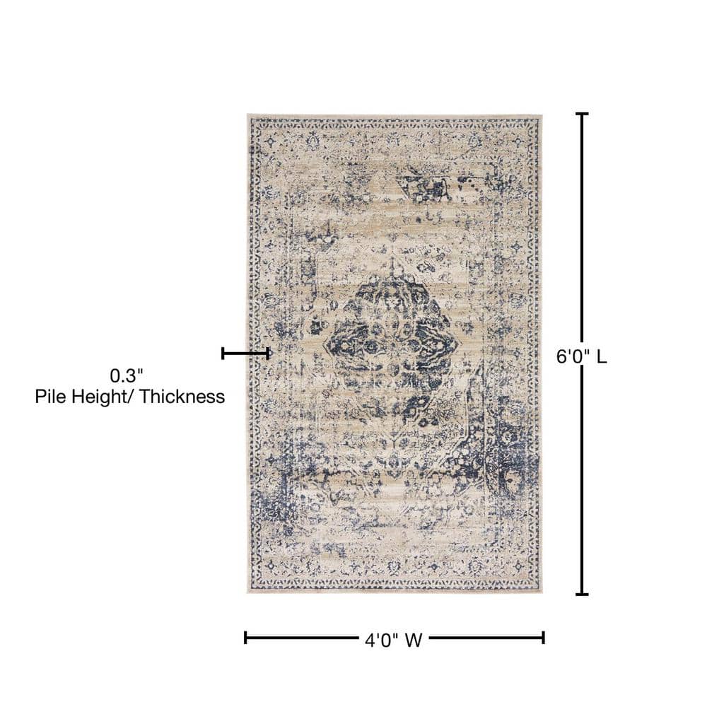 Eliza Blue and Beige Rectangular Stain-Resistant Area Rug