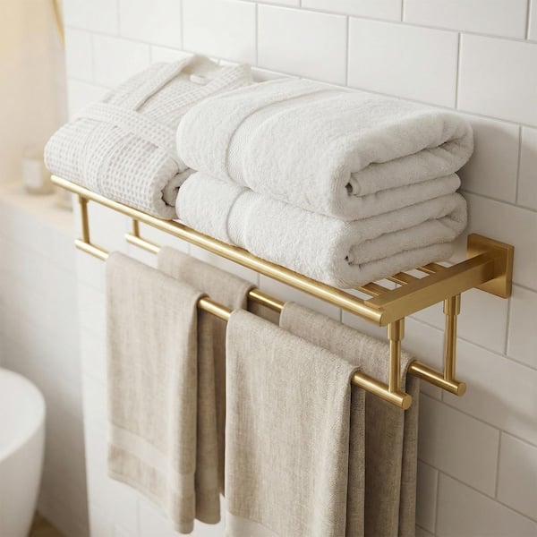24 in. Bathroom Wall Mounted Towel Rack with Storage Shelf and Double Towel Bars Stainless Steel in Gold