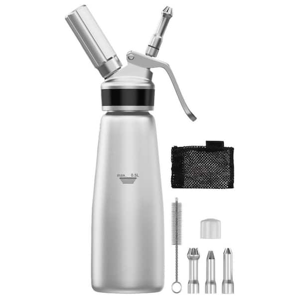 Silver Whipped Cream Dispenser, 500ml Aluminum Cream Whipper with 3 Stainless Decorating Nozzles, Brush and Storage Bag