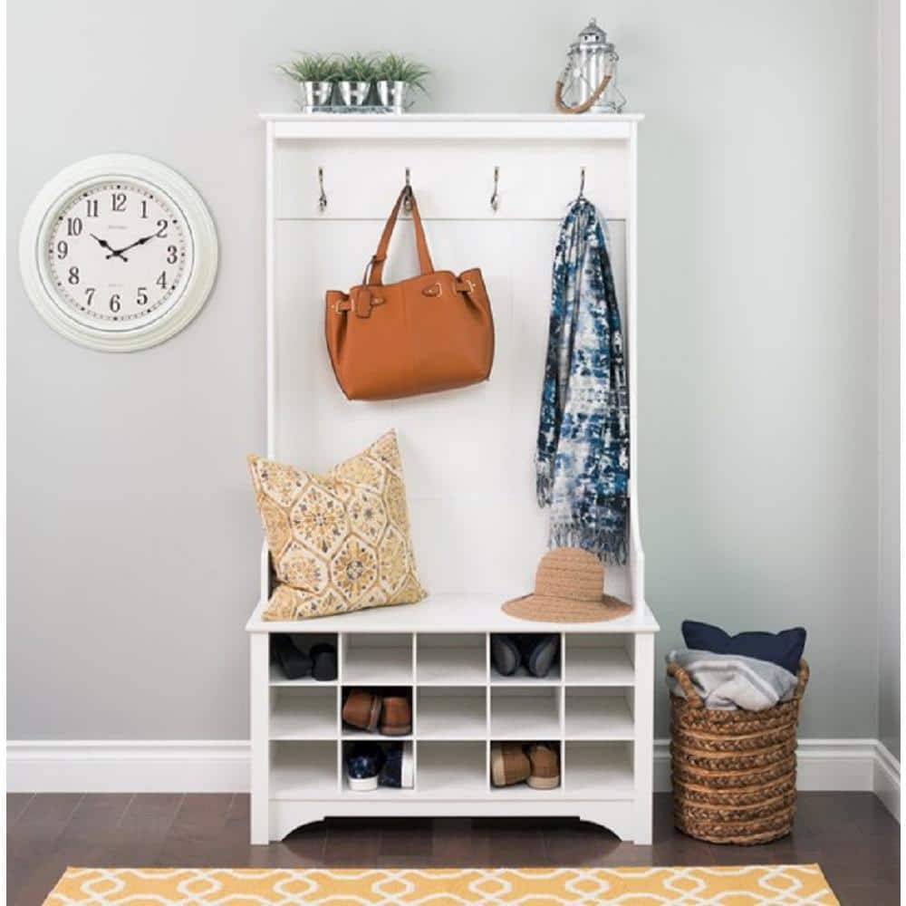 White Wood Hall Tree with Shoe Storage and Bench