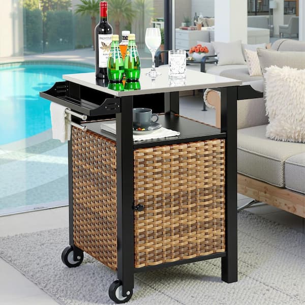 Outdoor Kitchen Wicker Portable Square Bar Table Rolling Serving Cart with Storage Cabinet in Brown