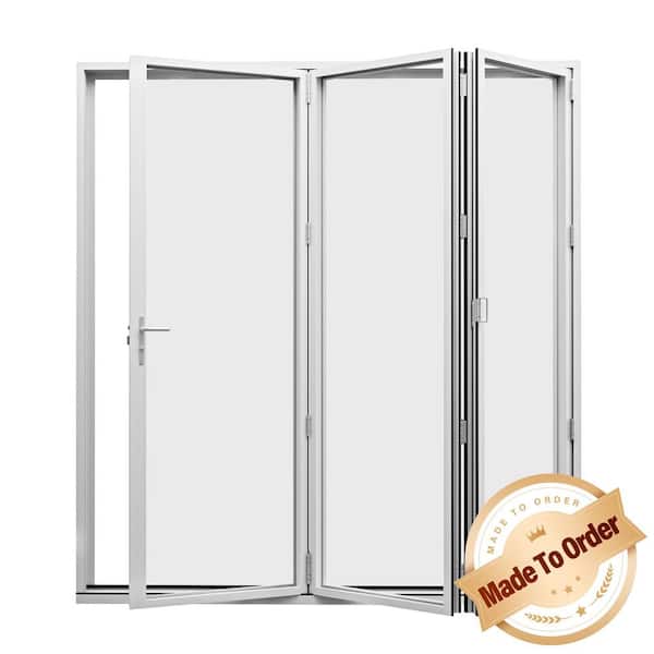 108 in. x 96 in. Right Swing/Outswing Double Tempered Glass White Aluminum Folding Patio Door