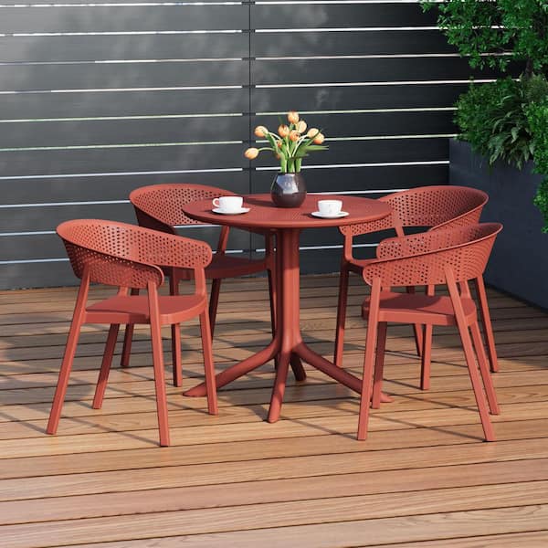 Frond and Form Modern Outdoor Patio Poly Plastic 5-Piece Round Table Dining Set w/ 4 Stackable Chairs in Red