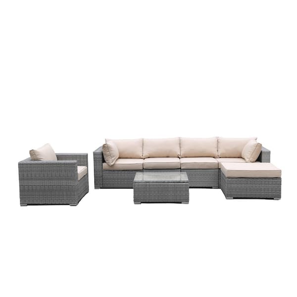 waelph 7-Piece Gray Wicker Patio Sectional Seating Set Patio Conversation Sets with Light Brown Cushion and Coffee Table