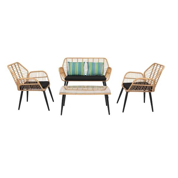 Karl home 4-Piece Wicker Patio Conversation Set with Black Cushions