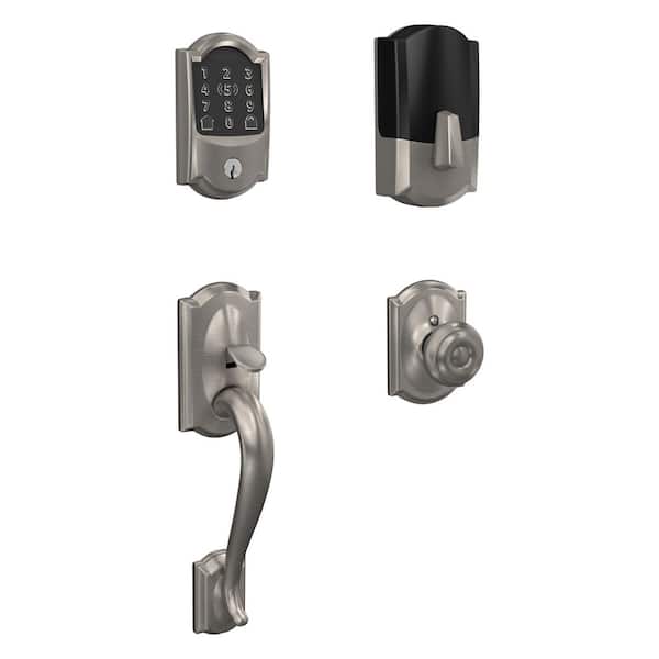 Schlage Camelot Satin Nickel Encode Plus Smart WiFi Deadbolt and Handleset Grip with Georgian Door Knob and Camelot Trim