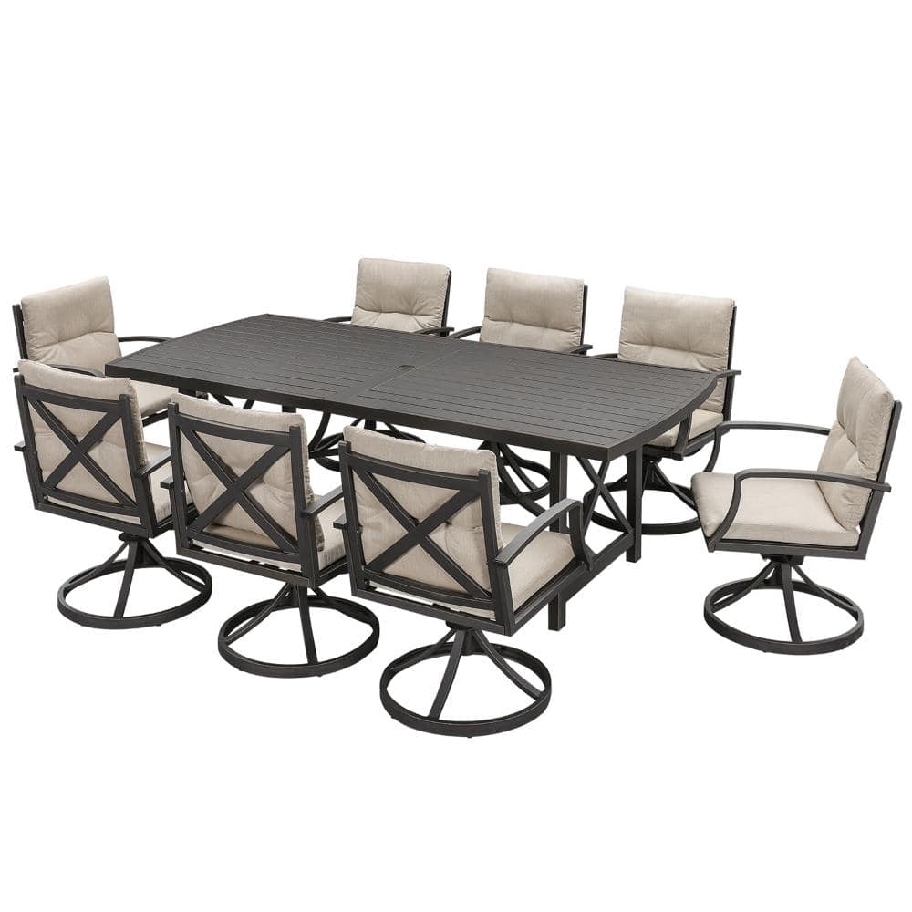 9-Piece Outdoor Patio Dining Set with Aluminum Rectangular Table and Swivel Dining Chairs with Cushions
