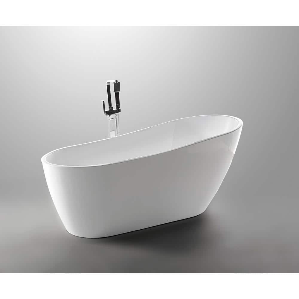 Glossy White Acrylic Freestanding Oval Bathtub with Chrome Overflow