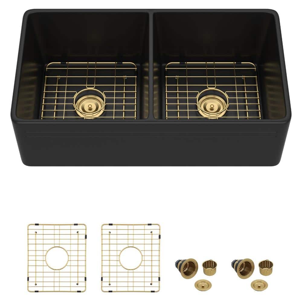33 in Black Farmhouse Kitchen Sink, Apron Front 50/50 Split Double Bowl Ceramic Sink with Gold Accessories price history on PriceWatchPro
