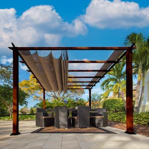 Florence 11 ft. x 11 ft. Wood Grain Aluminum Pergola in Chilean Ipe and Cocoa Convertible Canopy