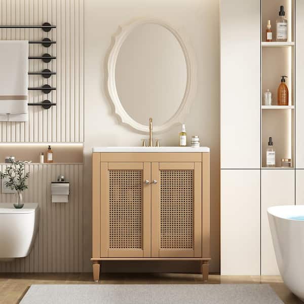 Staykiwi 30 in. W x 18 in. D x 34 in. H Freestanding Bath Vanity in Brown with White Resin Top