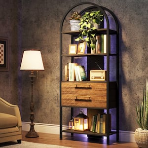 Eulas 70.8 in. Tall Brown Wood 4-Shelf Standard Bookcase Bookshelf with 2-Drawers and LED Light