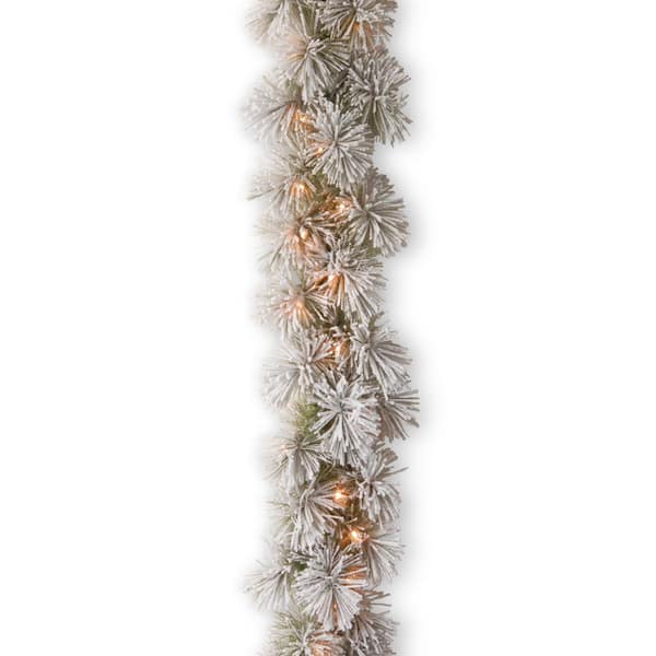 Snowy Bristle Pine 9 ft. Garland with Clear Lights