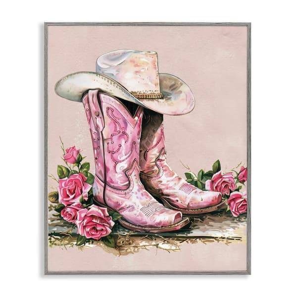 Stupell Industries Glam Bling Cowgirl Boots by Lettered and Lined Gray Framed Nature Giclee Art Print 30 in. x 24 in.