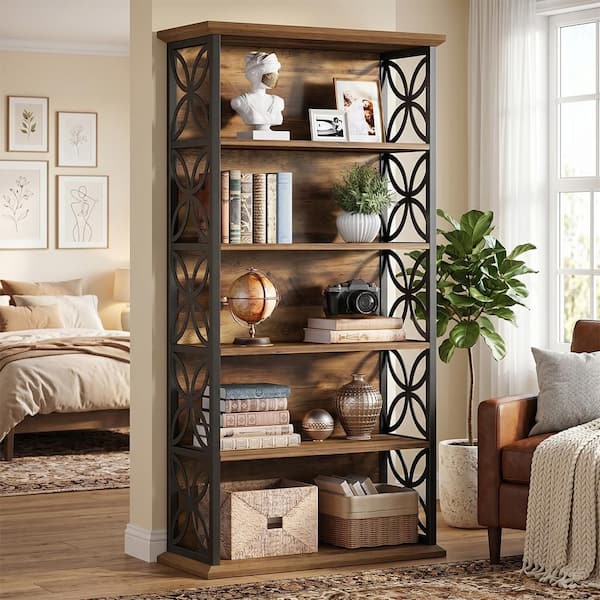 70.87 in. Tall Brown & Black Wood 5-Shelf Standard Bookcase, Freestanding Open Storage Shelves with Metal Frame