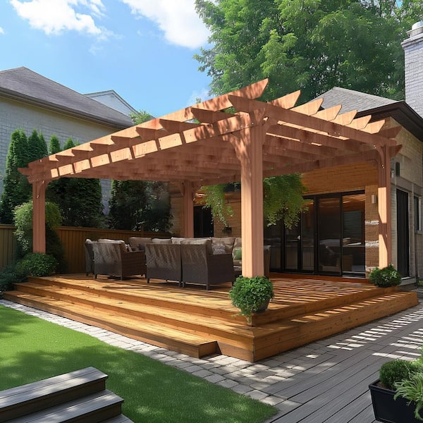 VEIKOUS 16 ft. W x 12 ft. D Cedar Wood Patio Pergola Shade Structure for Outdoor, Brown