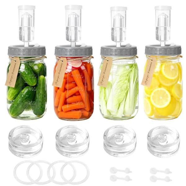 4-Pack Clear Glass 32 oz. Fermentation Kit with Plastic Fermenting Lids, Airlocks, Silicone Rings Grommets Glass Weights