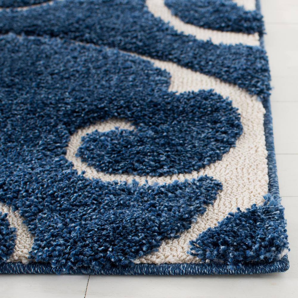 Elegant Dark Blue and Cream Square Synthetic Shag Rug 4' x 4'