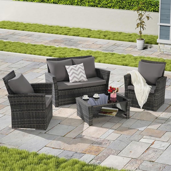 Sudzendf 4-Piece Wicker Patio Conversation Set with Dark Gray Cushions and Tempered Glass Coffee Table