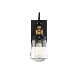 Macauley 7.5 in. W x 20.75 in. H 1-Light Vintage Black Hardwired Outdoor Wall Sconce with Warm Brass with Clear Glass