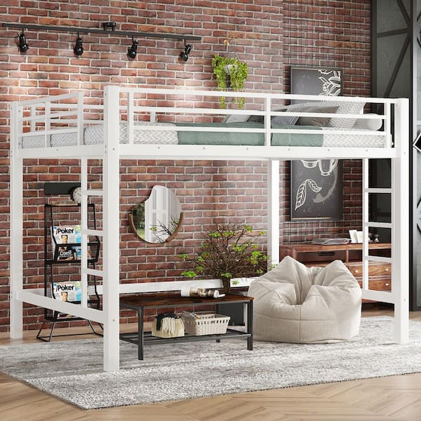 White Queen Metal Loft Bed with Easy Climbing Ladder and Guardrails