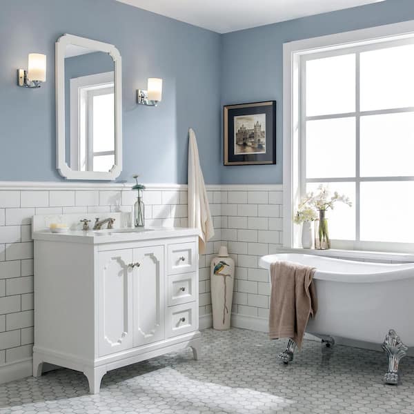 Queen 36 in. Bath Vanity in Pure White with Quartz Carrara Vanity Top with Ceramics White Basins and Mirror