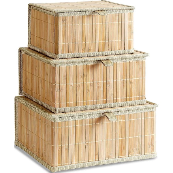 Unbranded Beige 13 in. x 6.1 in. Bamboo Decorative Basket Set of 3 with Lid