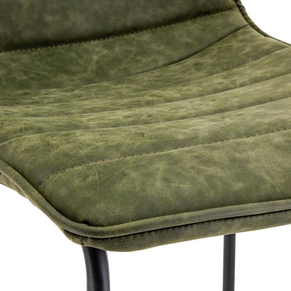 Olive Green Leather and Black Iron Bar Stool Set of 2