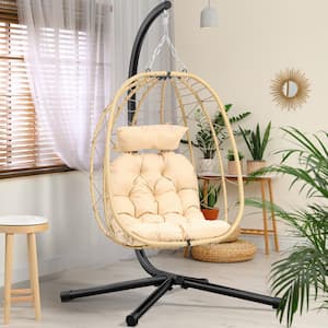 Beige Hanging Egg Chair with Stand Swing Chair Wicker Hammock Egg Chair with Cushions