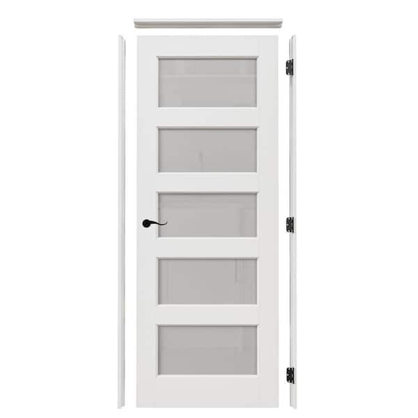 28 in. x 80 in. 5-Lite Frosted Glass Left White Solid Core Wood Single Interior Door with Quick Assemble Jamb